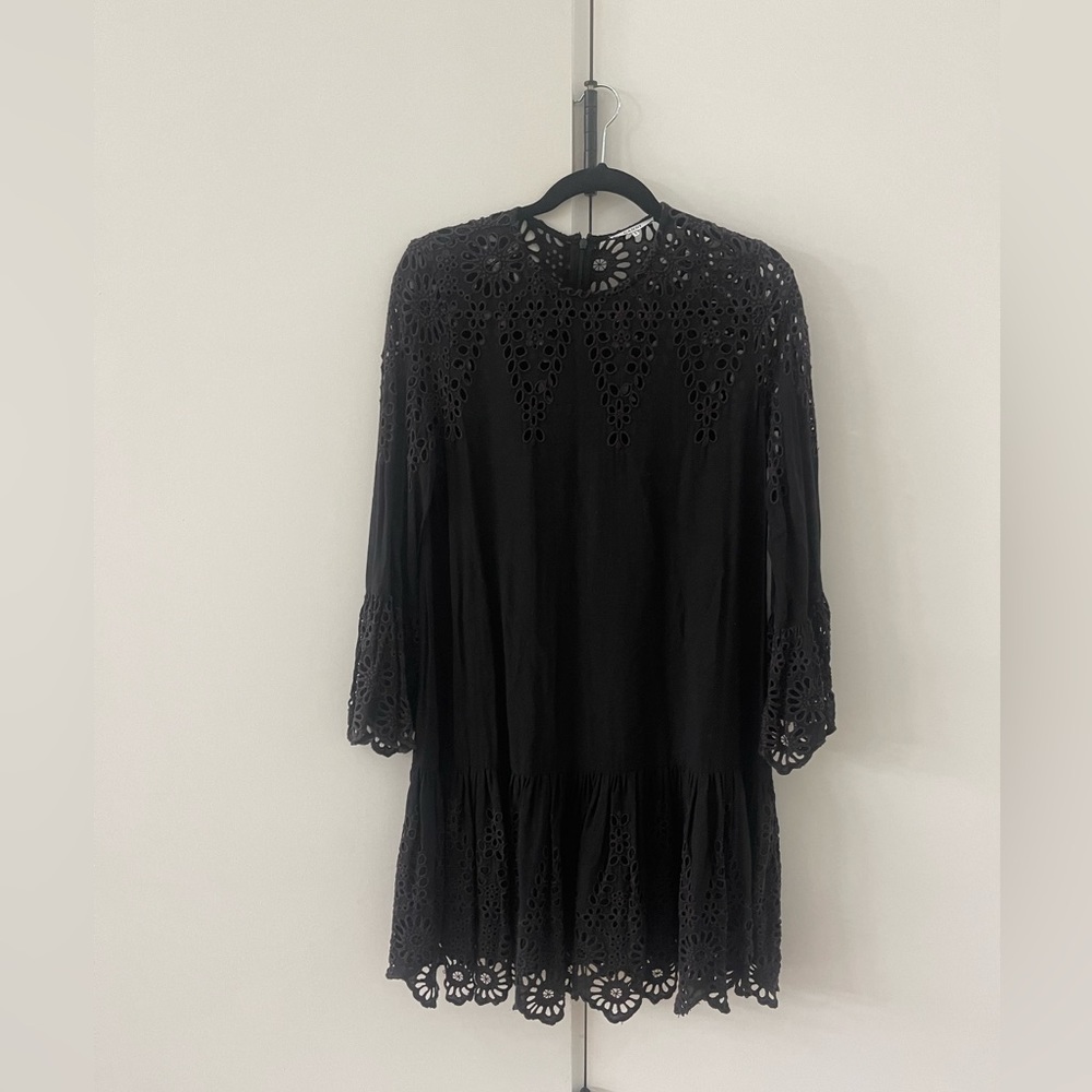Ganni black embroidered long sleeved mini dress.